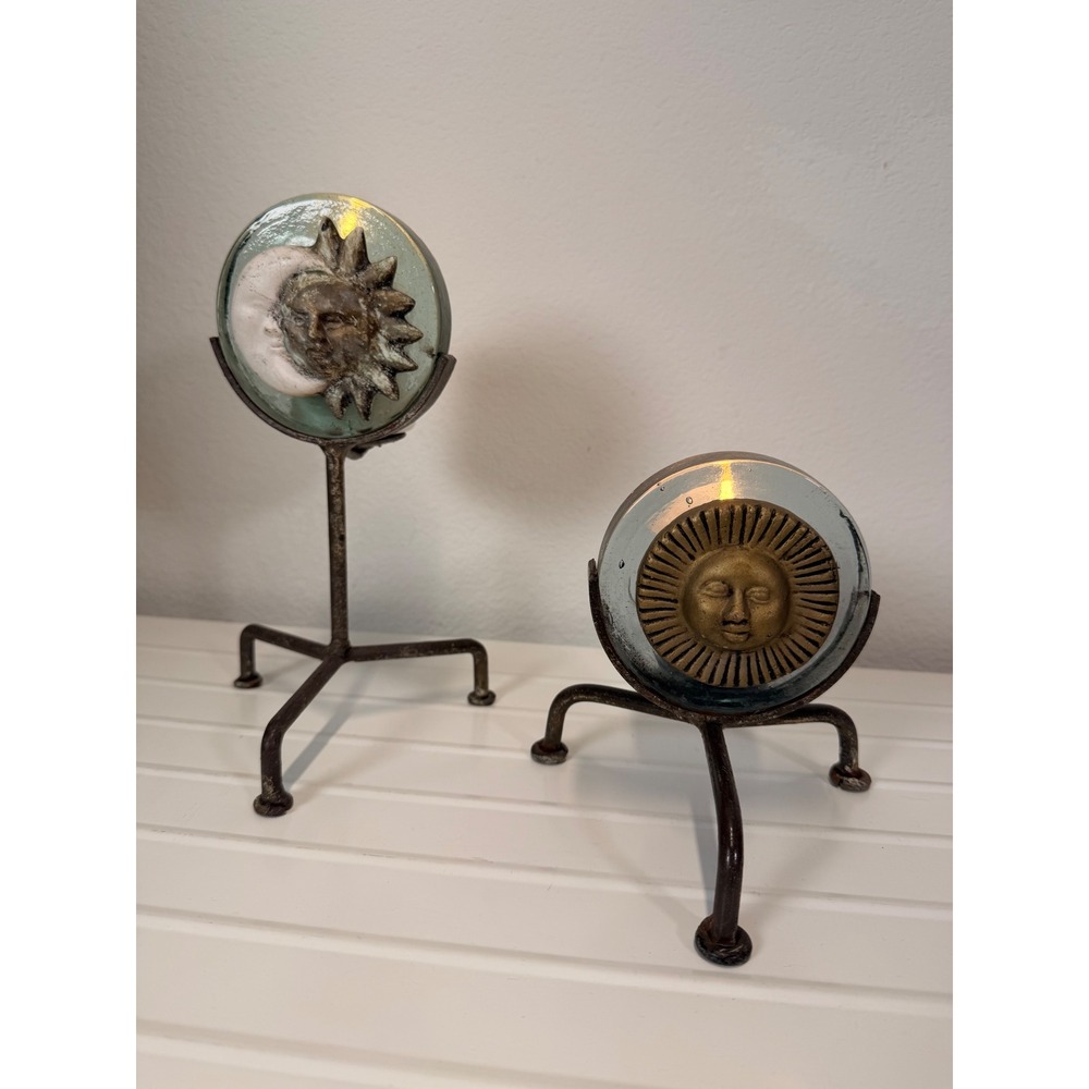 Vintage Celestial Sun Moon Glass Candle Holders Metal Tripod Stand Set of 2